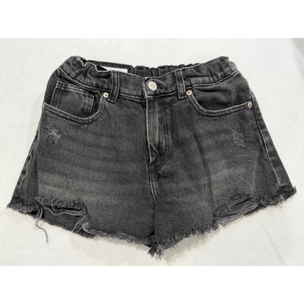 ZARA Juniors Black Elastic Waistband Raw Hem Distressed Denim Shorts, Size 11/12
